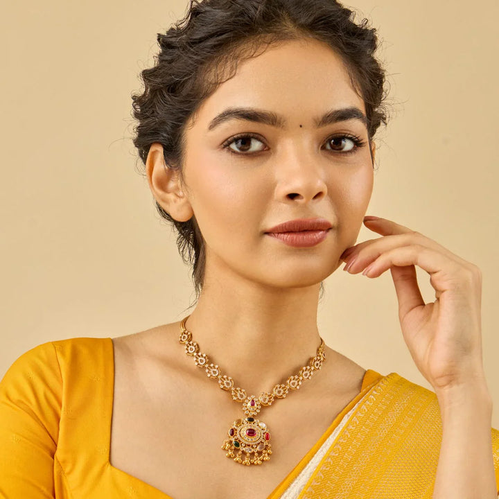 Pure 92.5 Silver, Gold Plated Traditional Floral Navaratna Necklace with Dangling Beads