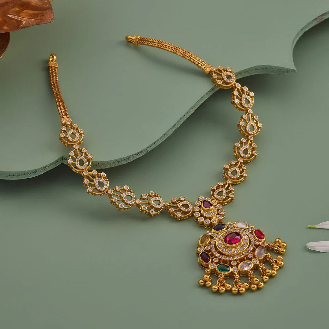 Pure 92.5 Silver, Gold Plated Traditional Floral Navaratna Necklace with Dangling Beads