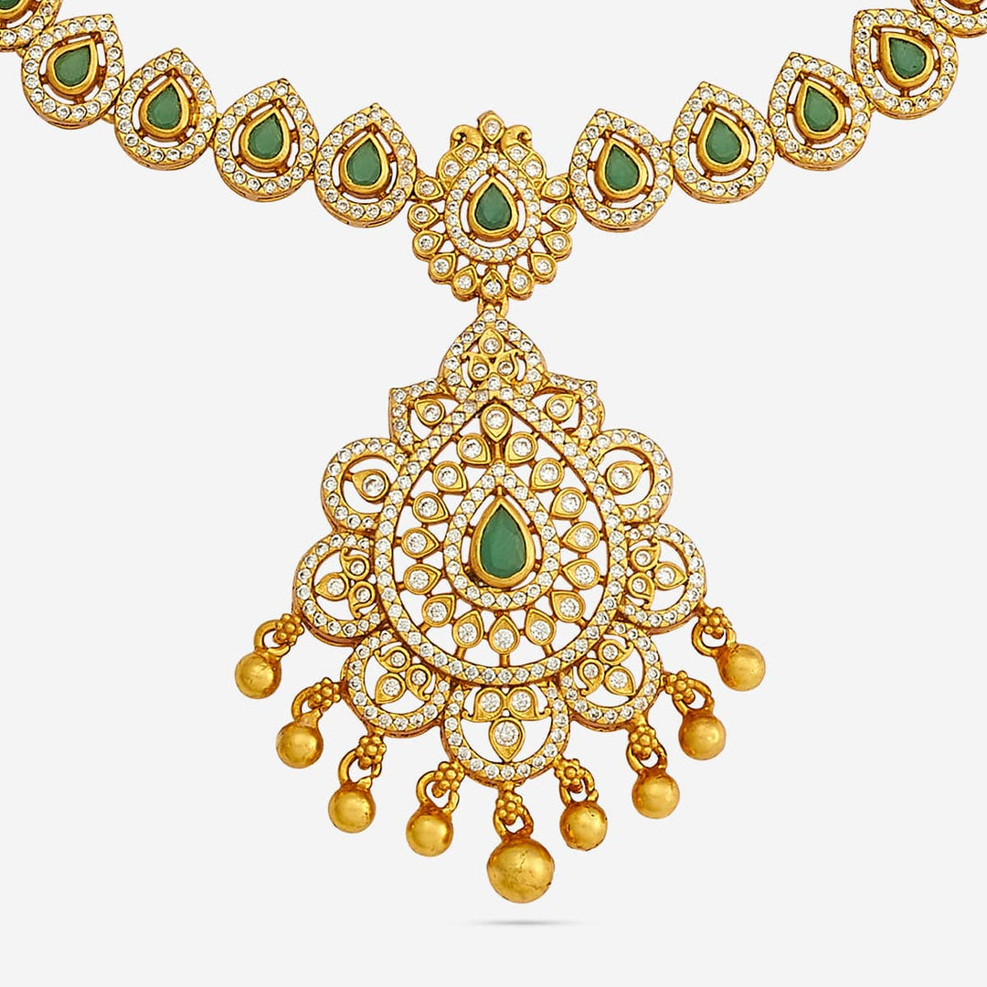 Pure 92.5 Silver, Gold Plated Emerald Green Stones Necklace with Tear Drop Pendant and units