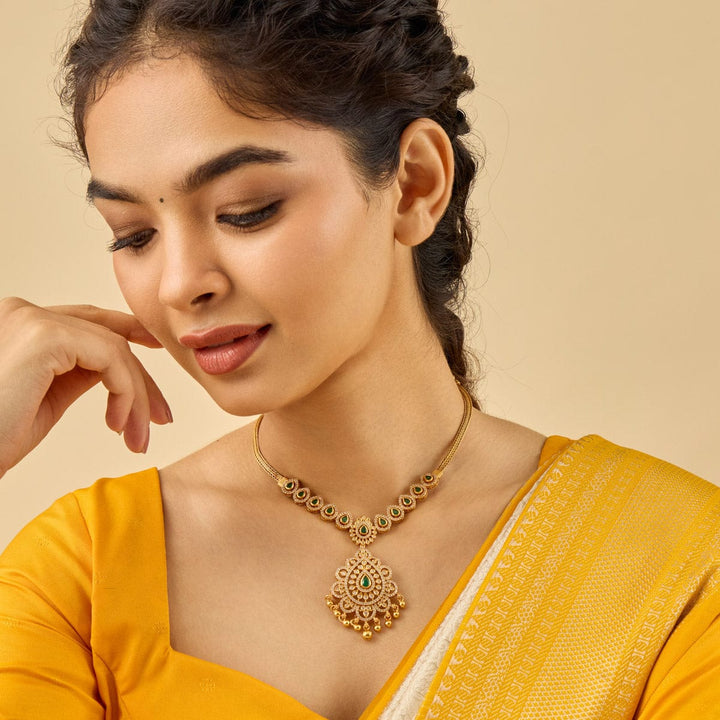 Pure 92.5 Silver, Gold Plated Emerald Green Stones Necklace with Tear Drop Pendant and units