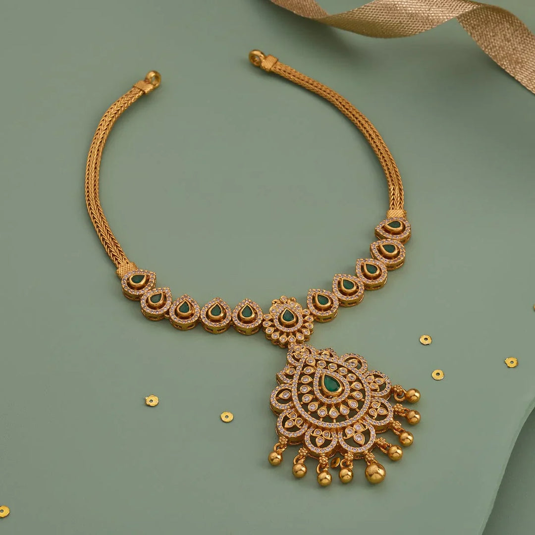 Pure 92.5 Silver, Gold Plated Emerald Green Stones Necklace with Tear Drop Pendant and units