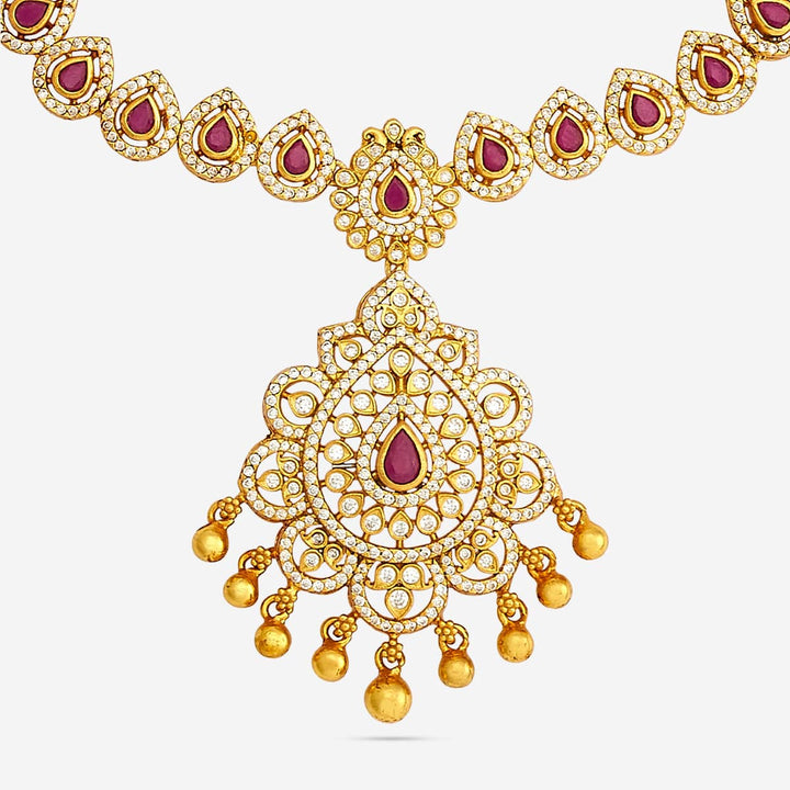 Pure 92.5 Silver, Gold Plated Tear-Drop Design Necklace with Gemstone Detailing
