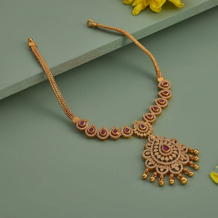 Pure 92.5 Silver, Gold Plated Tear-Drop Design Necklace with Gemstone Detailing