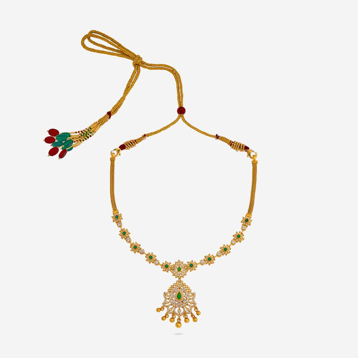 Pure 92.5 Silver, Gold Plated Floral Motif Temple Necklace with Pear-Cut Emerald Pendant with Gold Dangling Beads