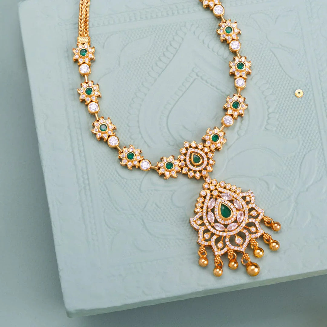 Pure 92.5 Silver, Gold Plated Floral Motif Temple Necklace with Pear-Cut Emerald Pendant with Gold Dangling Beads