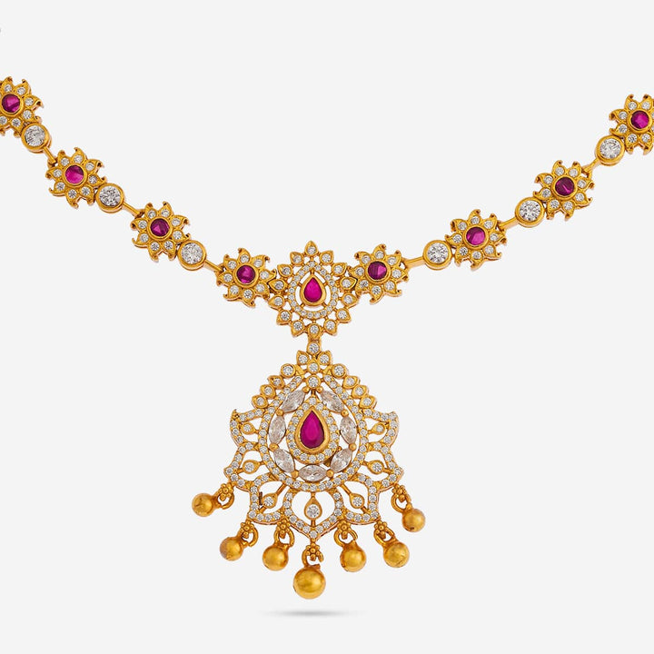 Pure 92.5 Silver, Gold Plated Floral Motif Temple Necklace with Pear-Cut Emerald Pendant with Gold Dangling Beads