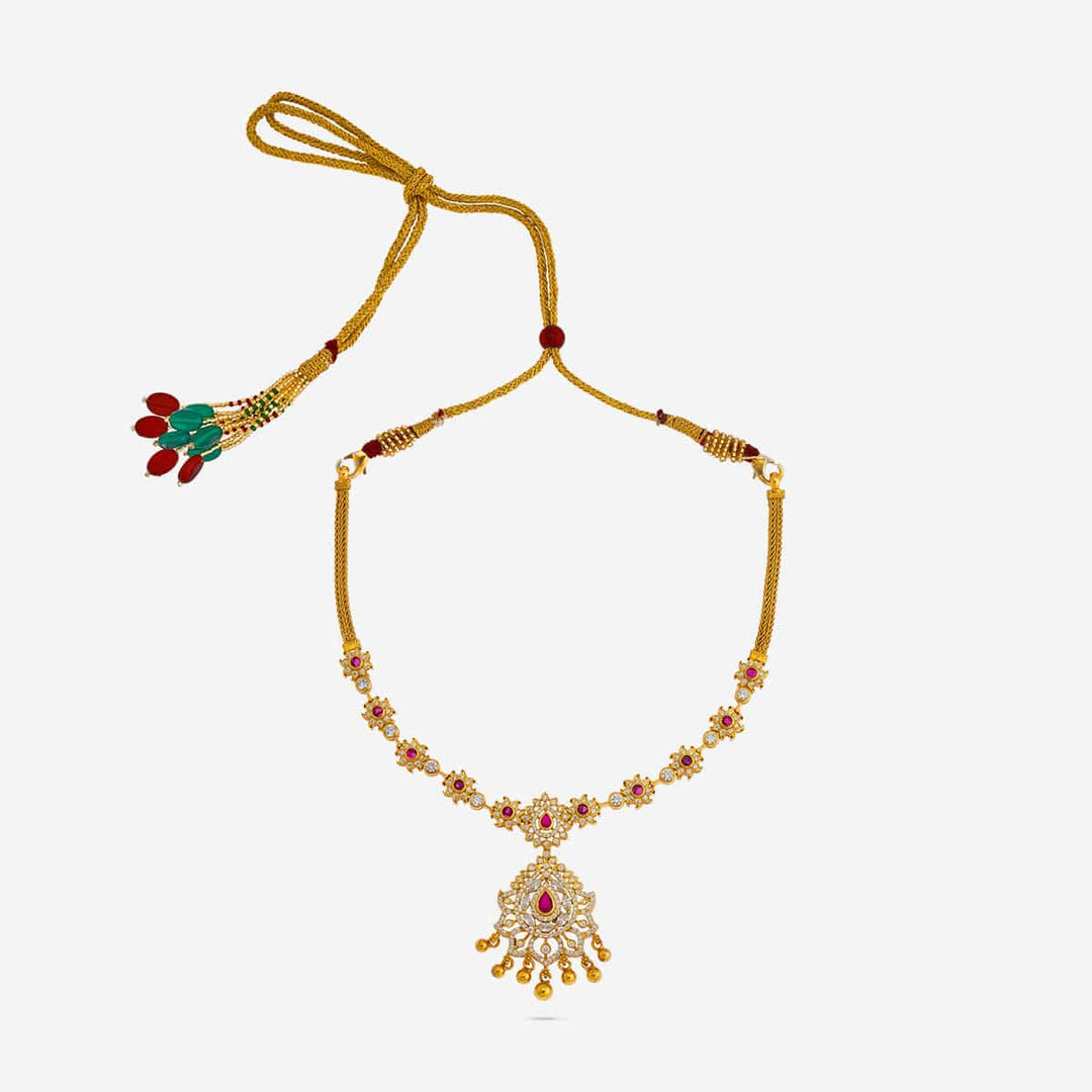 Pure 92.5 Silver, Gold Plated Floral Motif Temple Necklace with Pear-Cut Emerald Pendant with Gold Dangling Beads