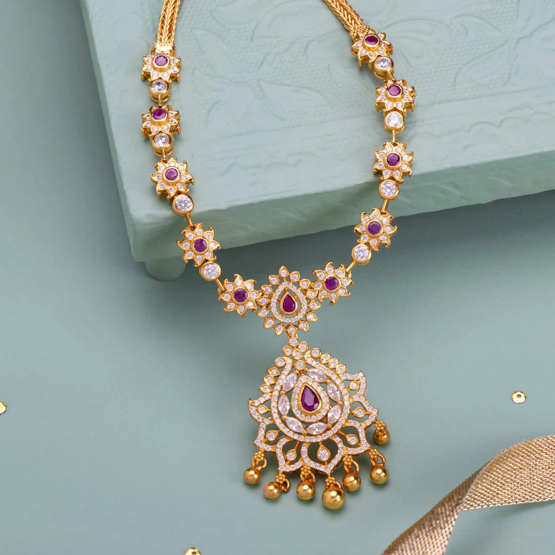 Pure 92.5 Silver, Gold Plated Floral Motif Temple Necklace with Pear-Cut Emerald Pendant with Gold Dangling Beads