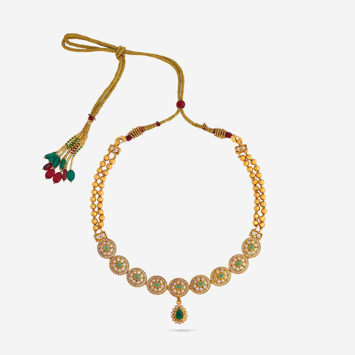 Pure 92.5 Silver, Gold Plated CZ-Green Stone Necklace with Round Floral Motifs and Emerald Drop
