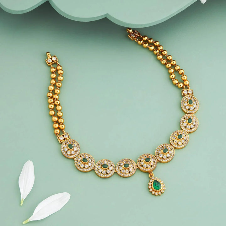 Pure 92.5 Silver, Gold Plated CZ-Green Stone Necklace with Round Floral Motifs and Emerald Drop