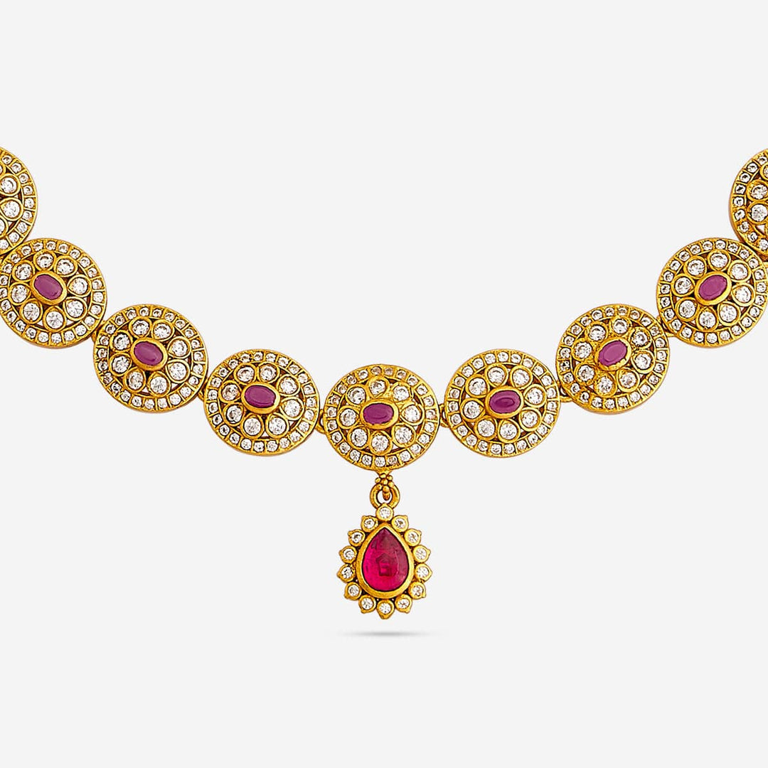 Pure 92.5 Silver, Gold Plated CZ Stone Floral Necklace with Tear Drop Pendant
