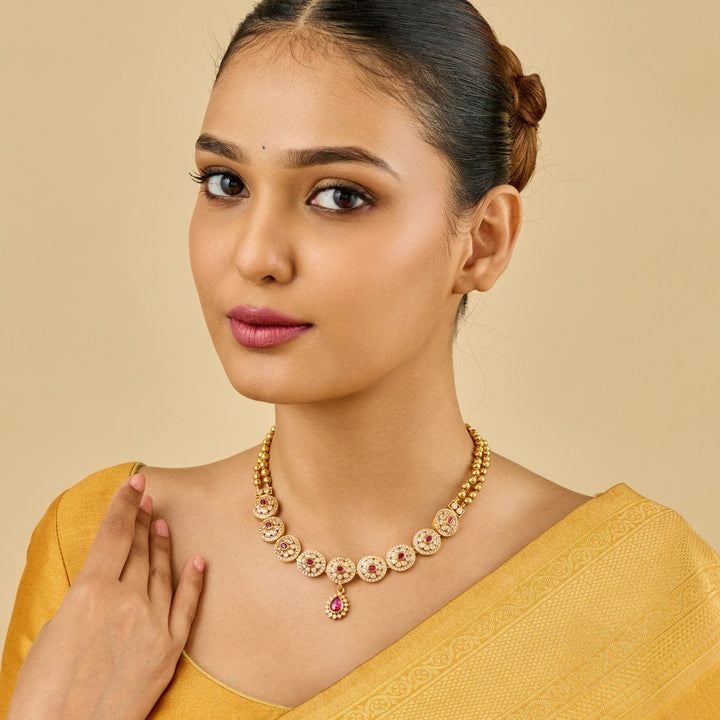 Pure 92.5 Silver, Gold Plated CZ Stone Floral Necklace with Tear Drop Pendant