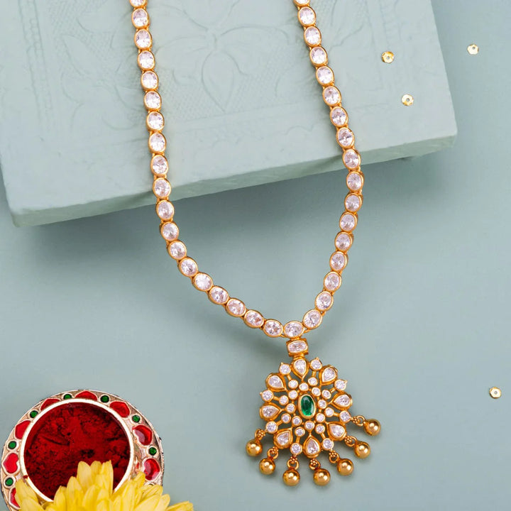 Pure 92.5 Silver, Gold Plated Floral Design Temple Necklace with Oval Green Stone Pendant