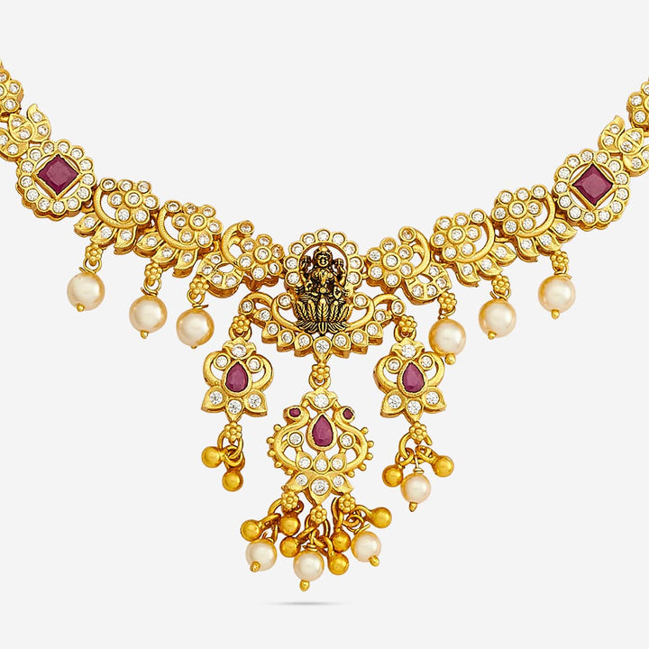 Pure 92.5 Silver, Gold Plated Ruby, White Stone and Pearl Temple Necklace with Deity Motif