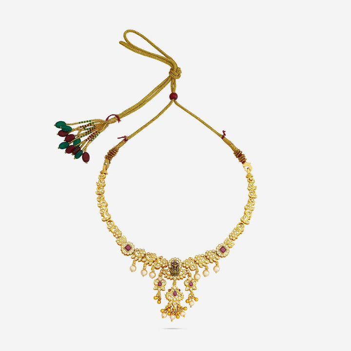 Pure 92.5 Silver, Gold Plated Ruby, White Stone and Pearl Temple Necklace with Deity Motif