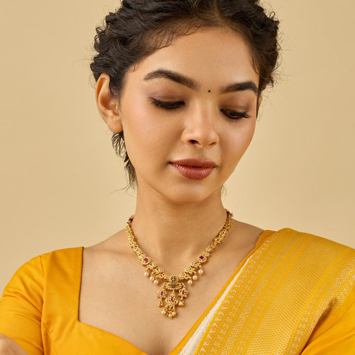 Pure 92.5 Silver, Gold Plated Ruby, White Stone and Pearl Temple Necklace with Deity Motif
