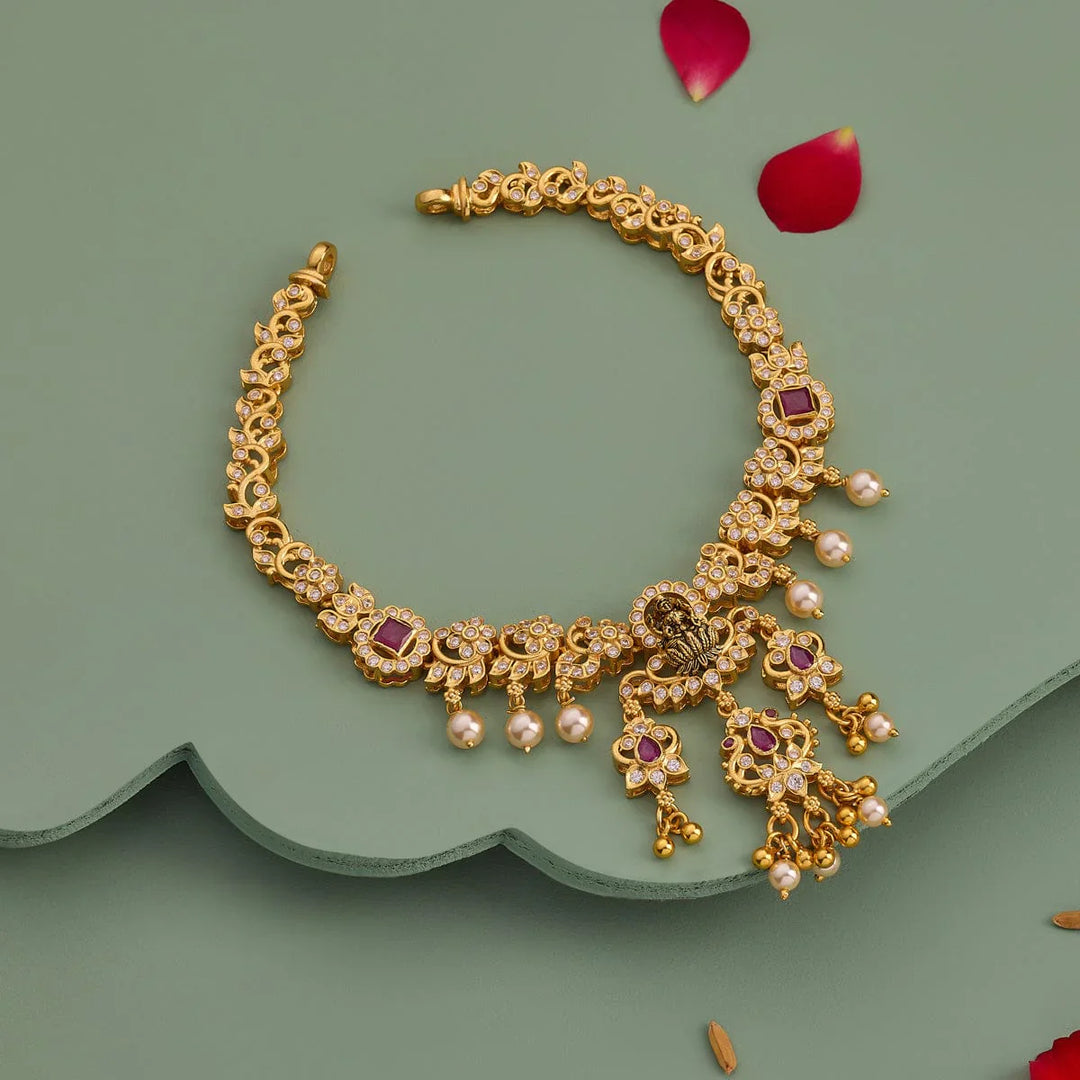 Pure 92.5 Silver, Gold Plated Ruby, White Stone and Pearl Temple Necklace with Deity Motif