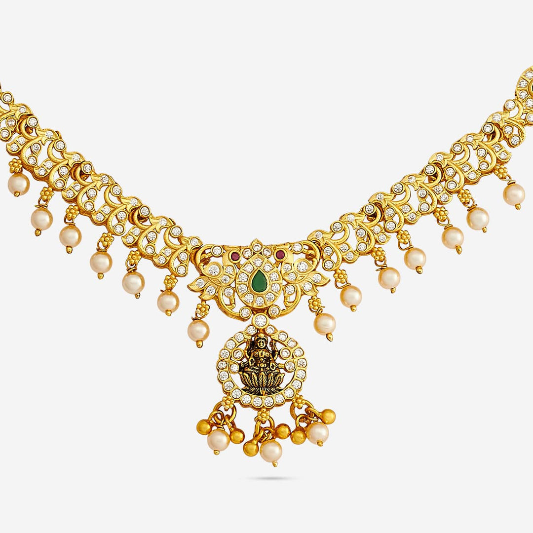 Pure 92.5 Silver, Gold Plated CZ Stone Lakshmi Floral Design with Dangling Pearl Necklace