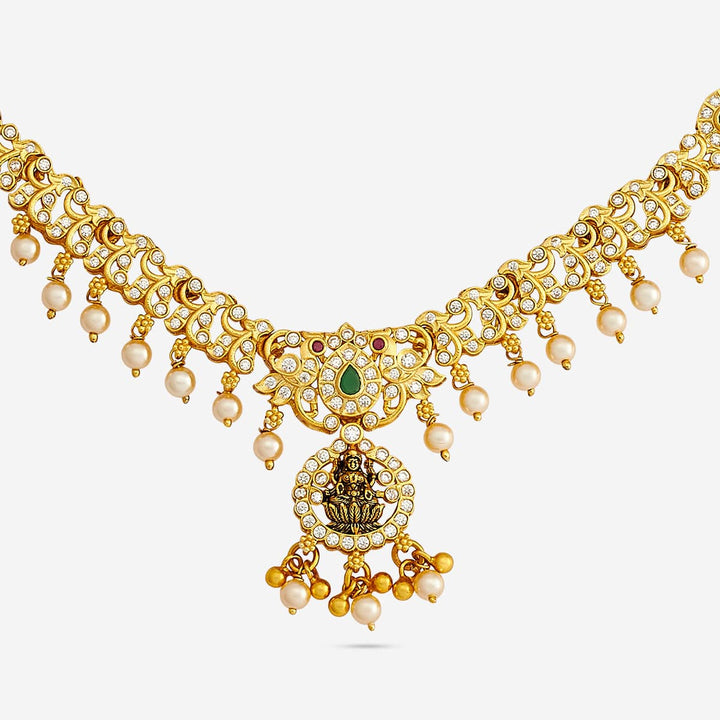 Pure 92.5 Silver, Gold Plated CZ Stone Lakshmi Floral Design with Dangling Pearl Necklace