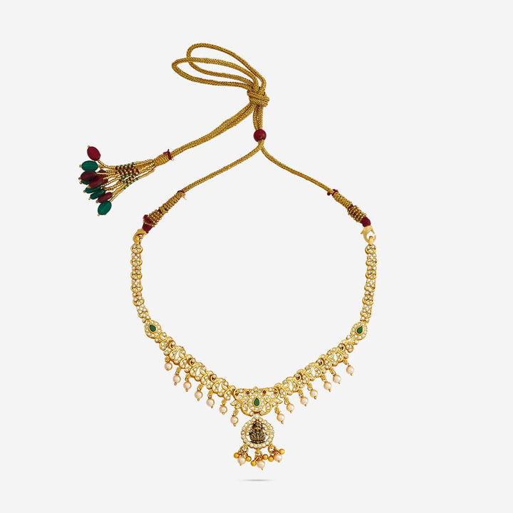 Pure 92.5 Silver, Gold Plated CZ Stone Lakshmi Floral Design with Dangling Pearl Necklace