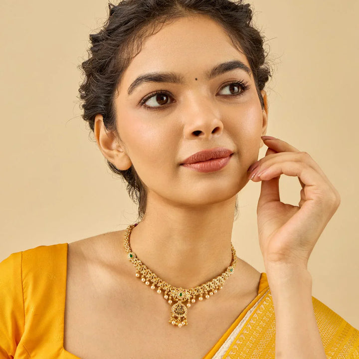 Pure 92.5 Silver, Gold Plated CZ Stone Lakshmi Floral Design with Dangling Pearl Necklace