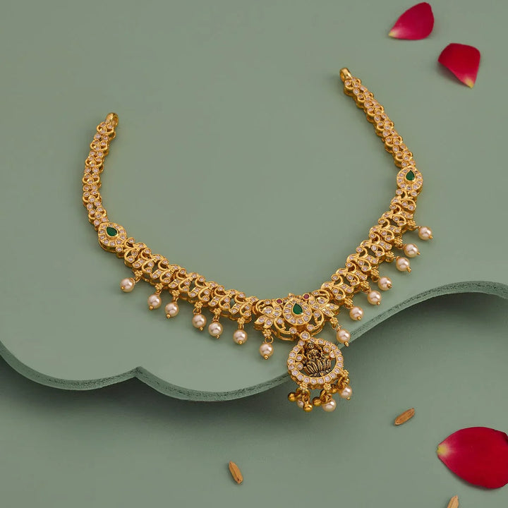 Pure 92.5 Silver, Gold Plated CZ Stone Lakshmi Floral Design with Dangling Pearl Necklace