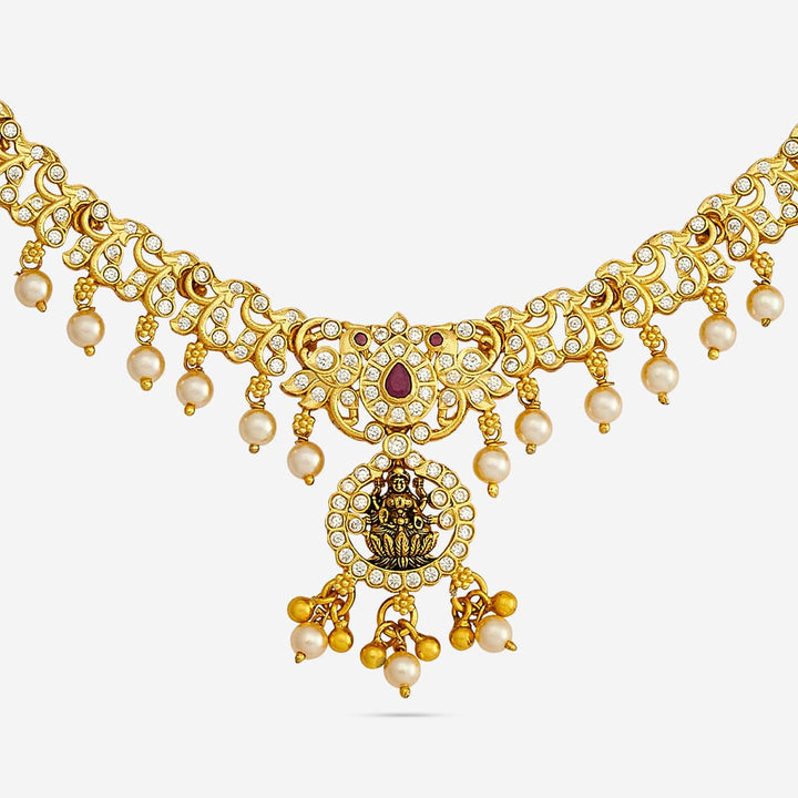 Pure 92.5 Silver, Gold Plated CZ Stone Necklace with Lakshmi Pendant and dangling Beads