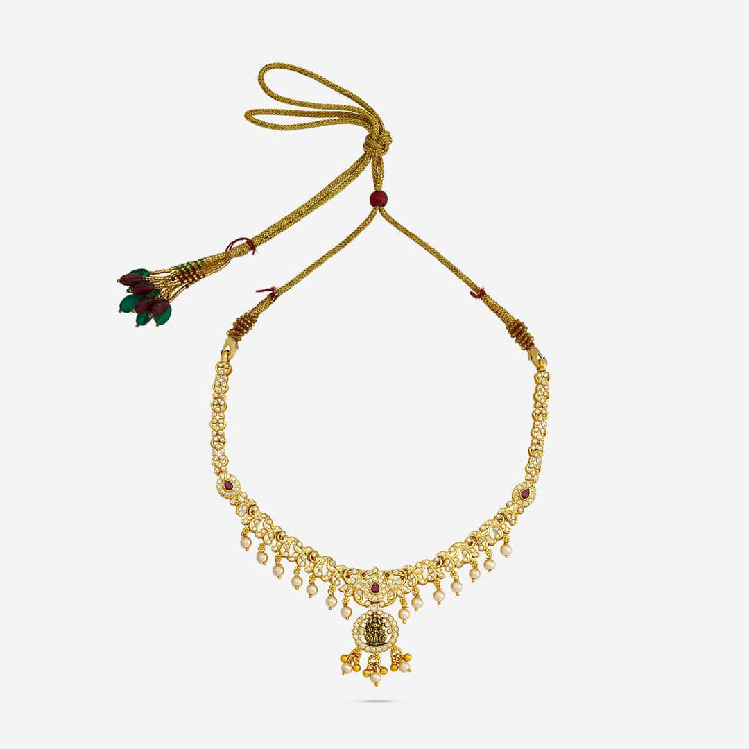 Pure 92.5 Silver, Gold Plated CZ Stone Necklace with Lakshmi Pendant and dangling Beads