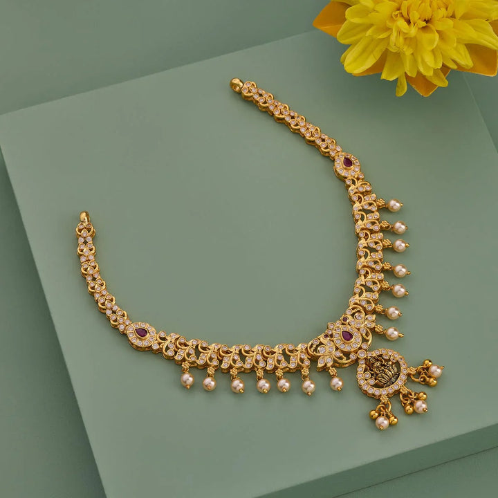 Pure 92.5 Silver, Gold Plated CZ Stone Necklace with Lakshmi Pendant and dangling Beads