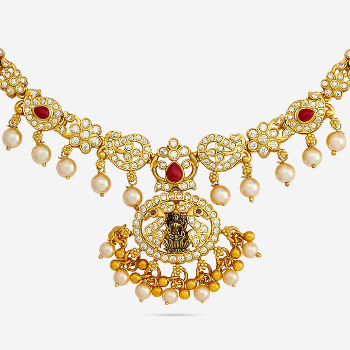 Pure 92.5 Silver, Gold Plated CZ Stone Necklace with Peacock Pendant and dangling Beads