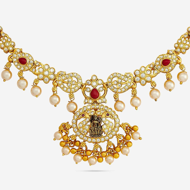 Pure 92.5 Silver, Gold Plated CZ Stone Necklace with Peacock Pendant and dangling Beads | SHOBITAM