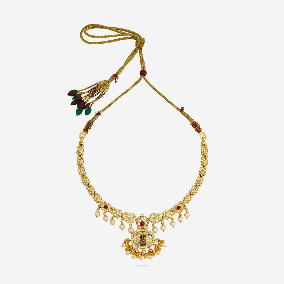 Pure 92.5 Silver, Gold Plated CZ Stone Necklace with Peacock Pendant and dangling Beads | SHOBITAM