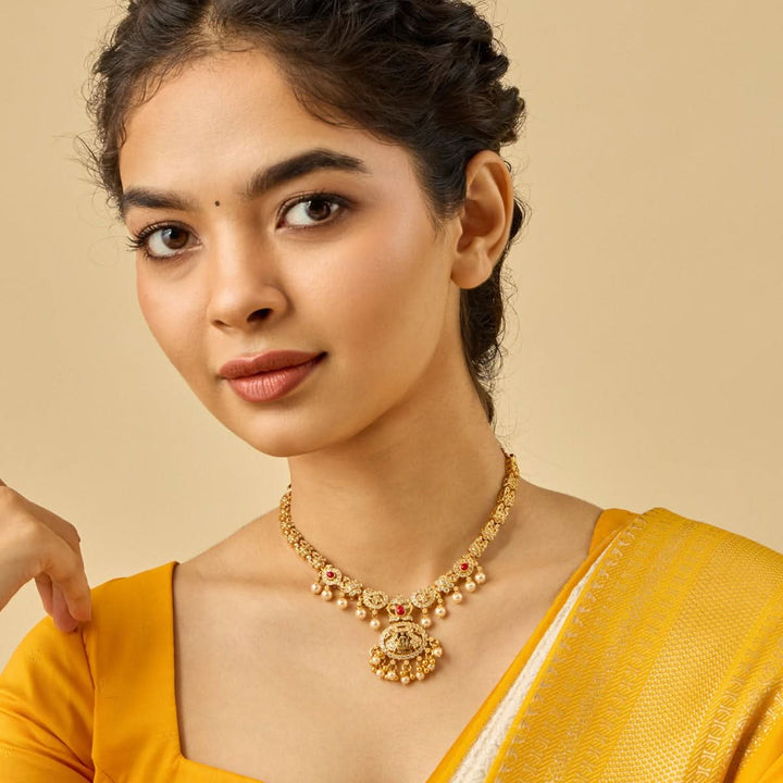 Pure 92.5 Silver, Gold Plated CZ Stone Necklace with Peacock Pendant and dangling Beads | SHOBITAM