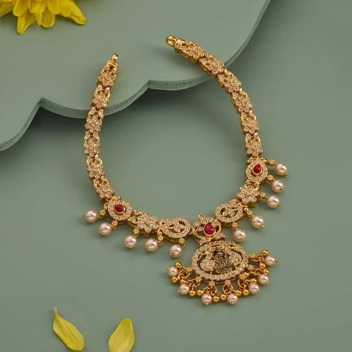 Pure 92.5 Silver, Gold Plated CZ Stone Necklace with Peacock Pendant and dangling Beads