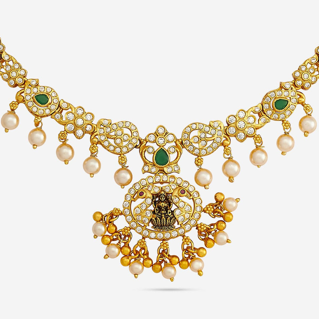 Pure 92.5 Silver, Gold Plated Lakshmi & Peacock Floral with Dangling Pearl Necklace