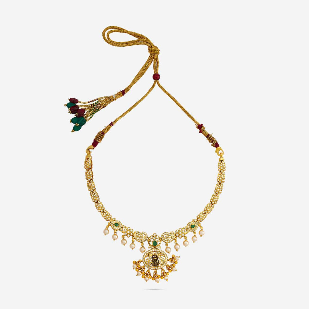 Pure 92.5 Silver, Gold Plated Lakshmi & Peacock Floral with Dangling Pearl Necklace
