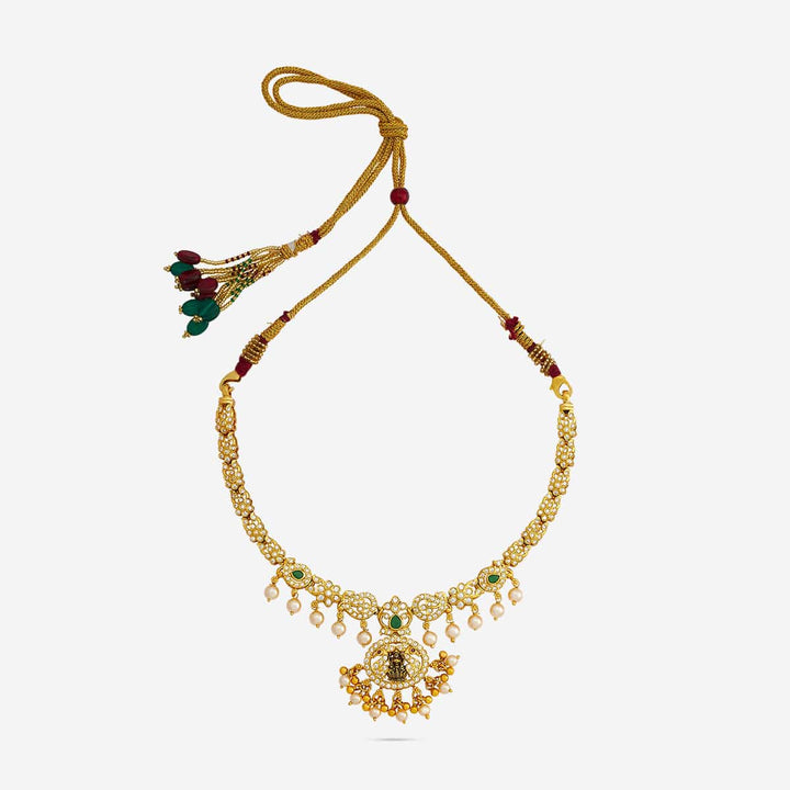 Pure 92.5 Silver, Gold Plated Lakshmi & Peacock Floral with Dangling Pearl Necklace