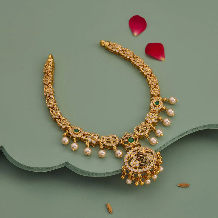 Pure 92.5 Silver, Gold Plated Lakshmi & Peacock Floral with Dangling Pearl Necklace
