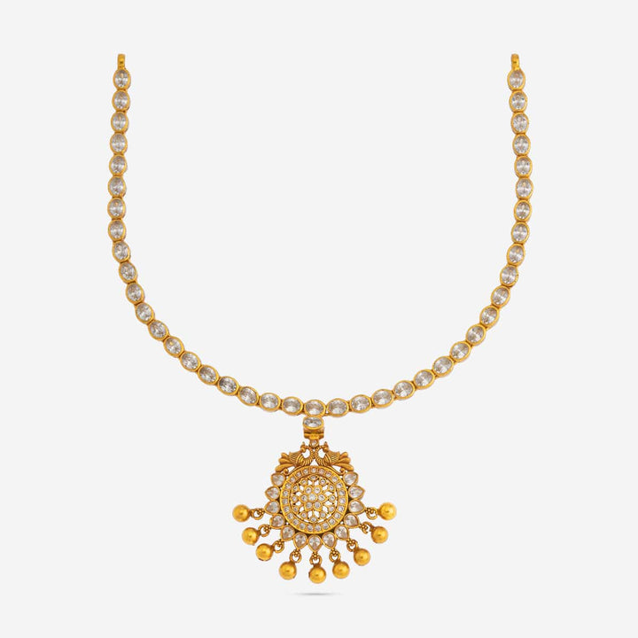 Pure 92.5 Silver, Gold Plated White Stone Temple Necklace with Floral Pendant