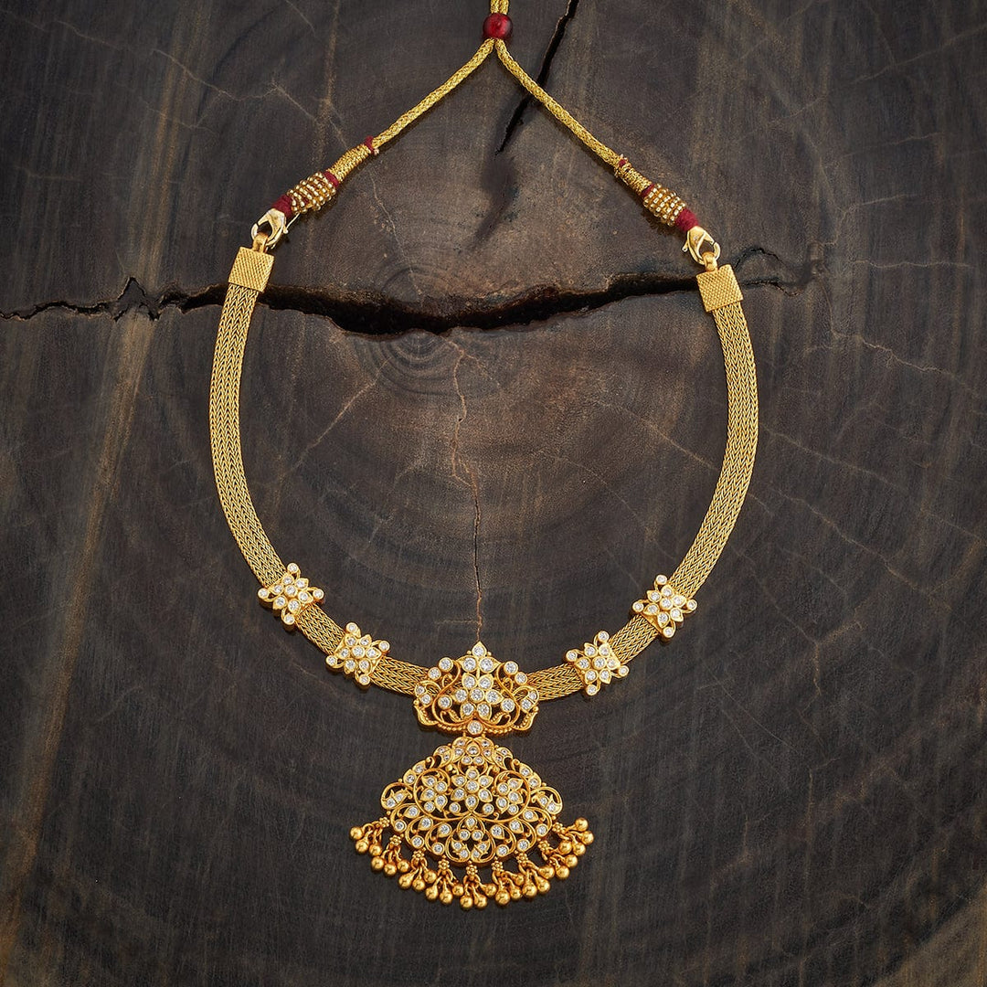 Pure 92.5 Silver, Gold Plated CZ Stone Necklace with Floral Pendant