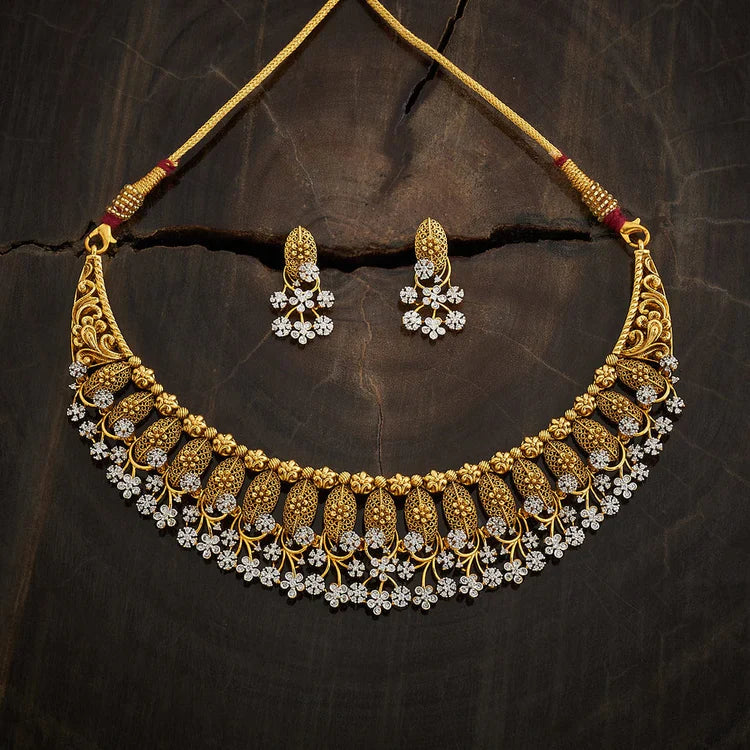 92.5 Sterling Silver Gold-Polished Floral Necklace Set with Spinel & Zircons