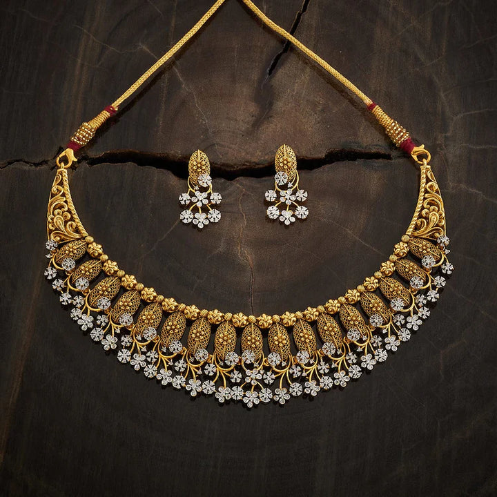 92.5 Sterling Silver Gold-Polished Floral Necklace Set with Spinel & Zircons