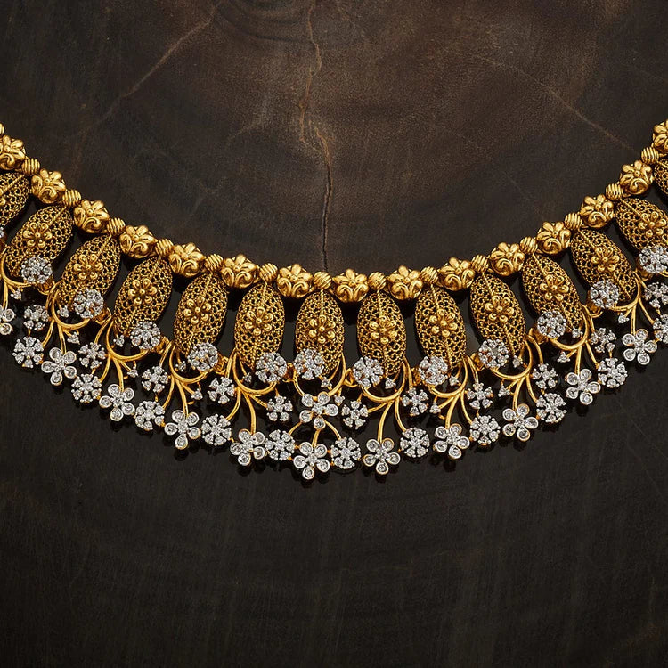 92.5 Sterling Silver Gold-Polished Floral Necklace Set with Spinel & Zircons