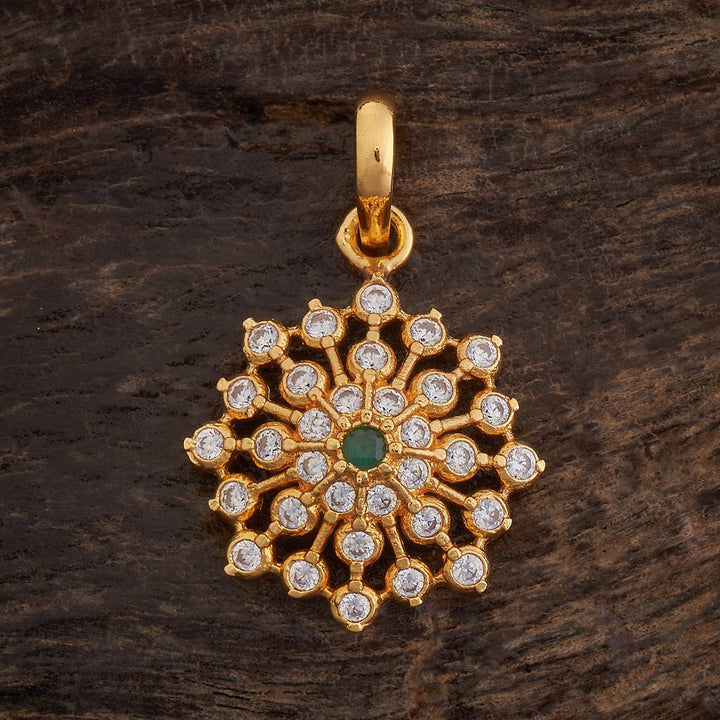 Pure 92.5 Silver Gold Plated Temple Floral Pendant With Green-white Gemstones