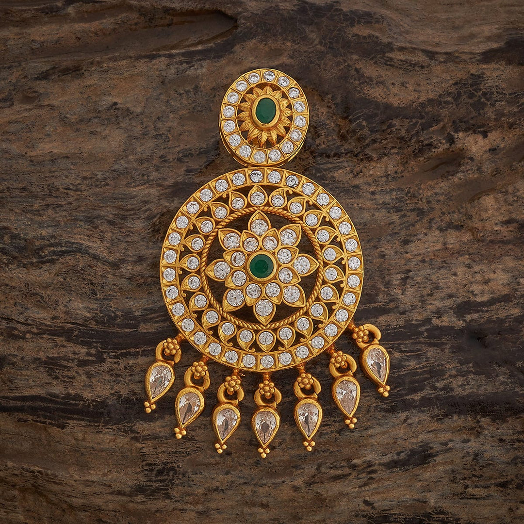 Pure 92.5 Silver Gold-Plated White Stone Circle Pendant with Green Center and Teardrop Stones