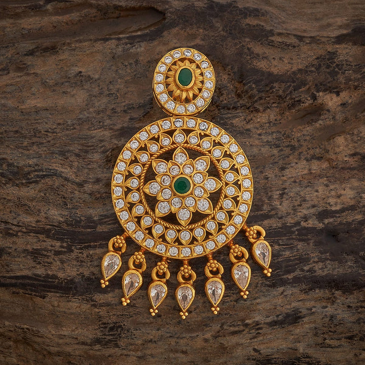 Pure 92.5 Silver Gold-Plated White Stone Circle Pendant with Green Center and Teardrop Stones