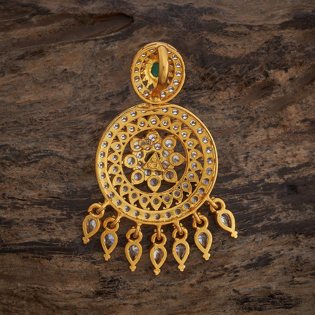 Pure 92.5 Silver Gold-Plated White Stone Circle Pendant with Green Center and Teardrop Stones