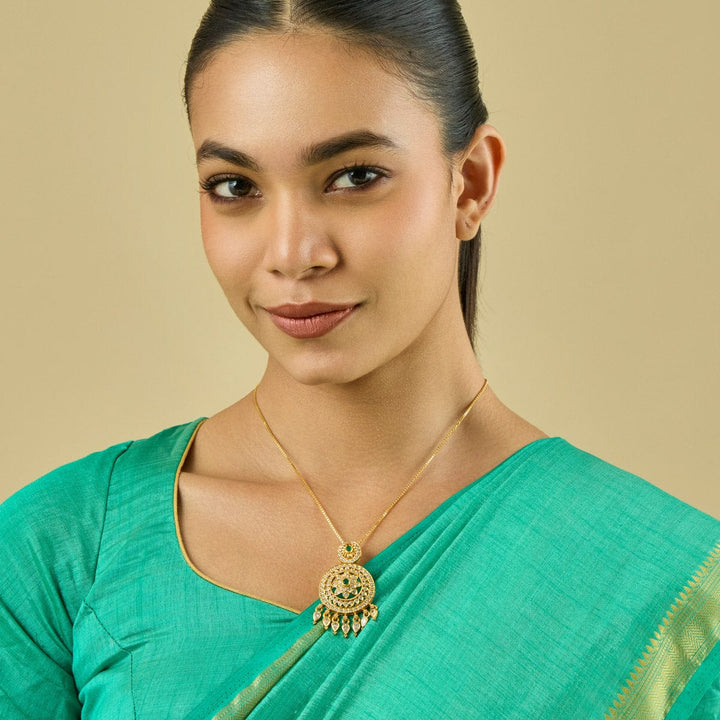 Pure 92.5 Silver Gold-Plated White Stone Circle Pendant with Green Center and Teardrop Stones