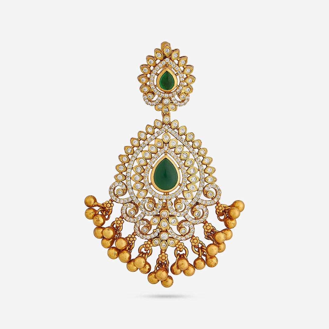 Pure 92.5 silver Gold Plated Floral CZ Stone Temple Pendant with Gold Dangling Beads