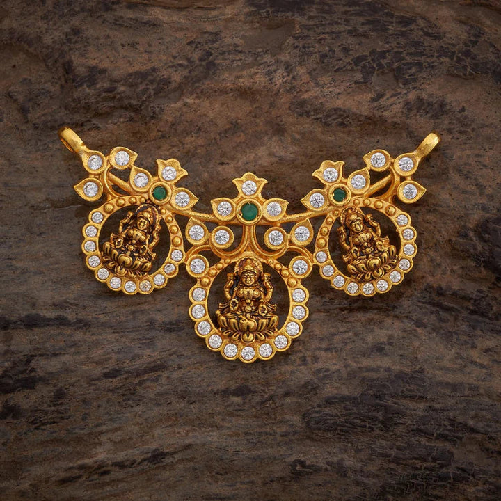 Pure 92.5 Silver, Antique Gold-Plated Lakshmi Temple Necklace Pendant with CZ Stones and Emerald Accents